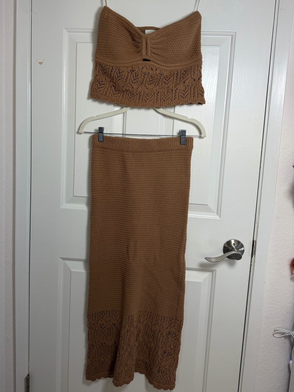 Freshman Brown Crochet Knit Maxi Skirt Set